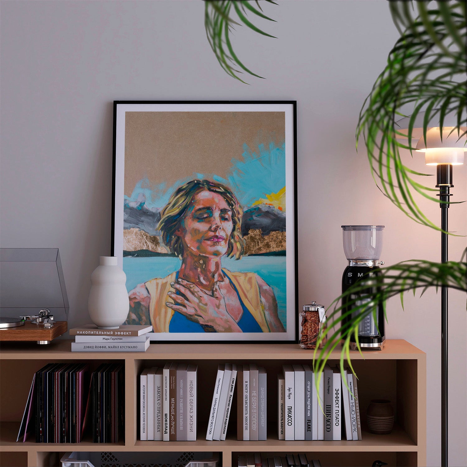 tirage d'art de  Compassion sur commode avec lampe