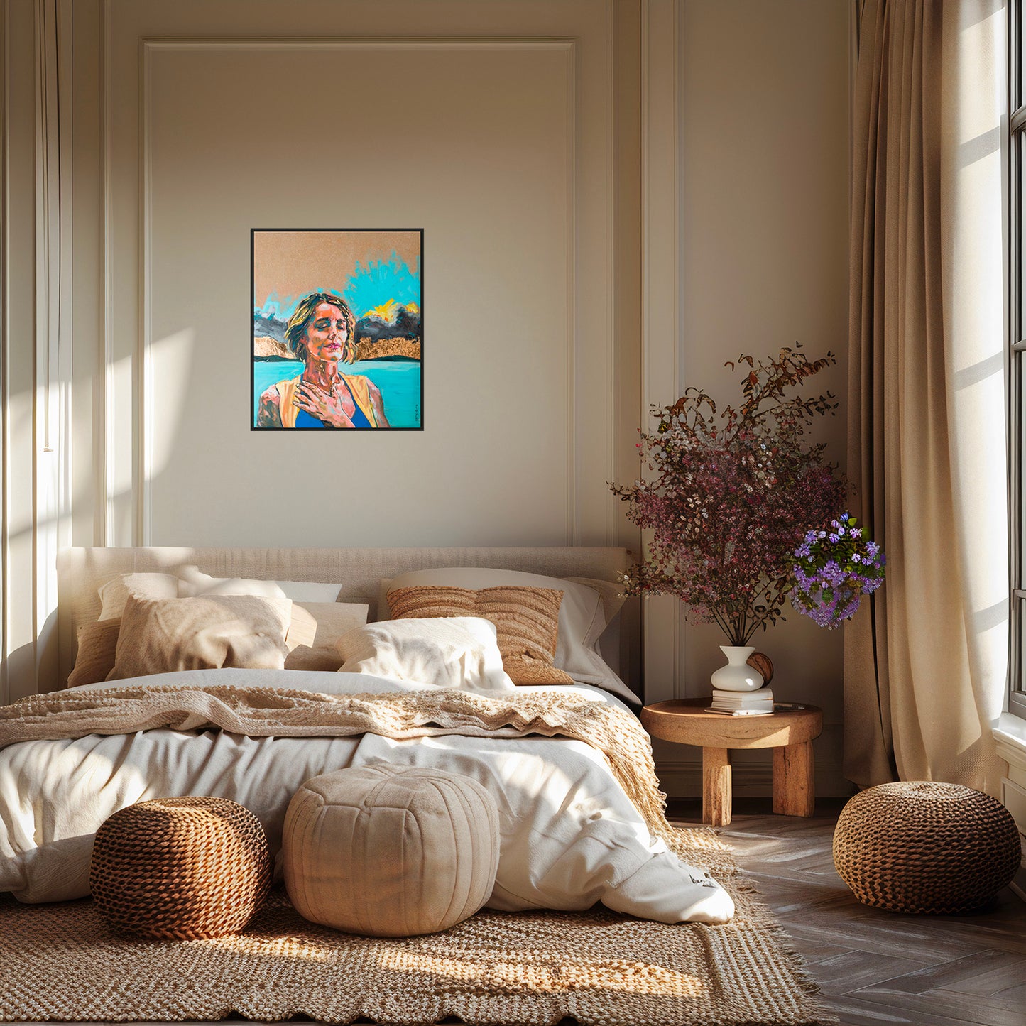 Oeuvre originale peinture a l'huile Compassion dans une chambre avec fleurs