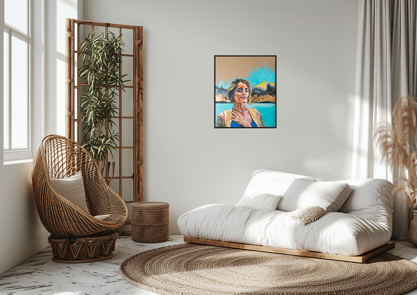 Oeuvre originale peinture a l'huile Compassion dans un salon blanc