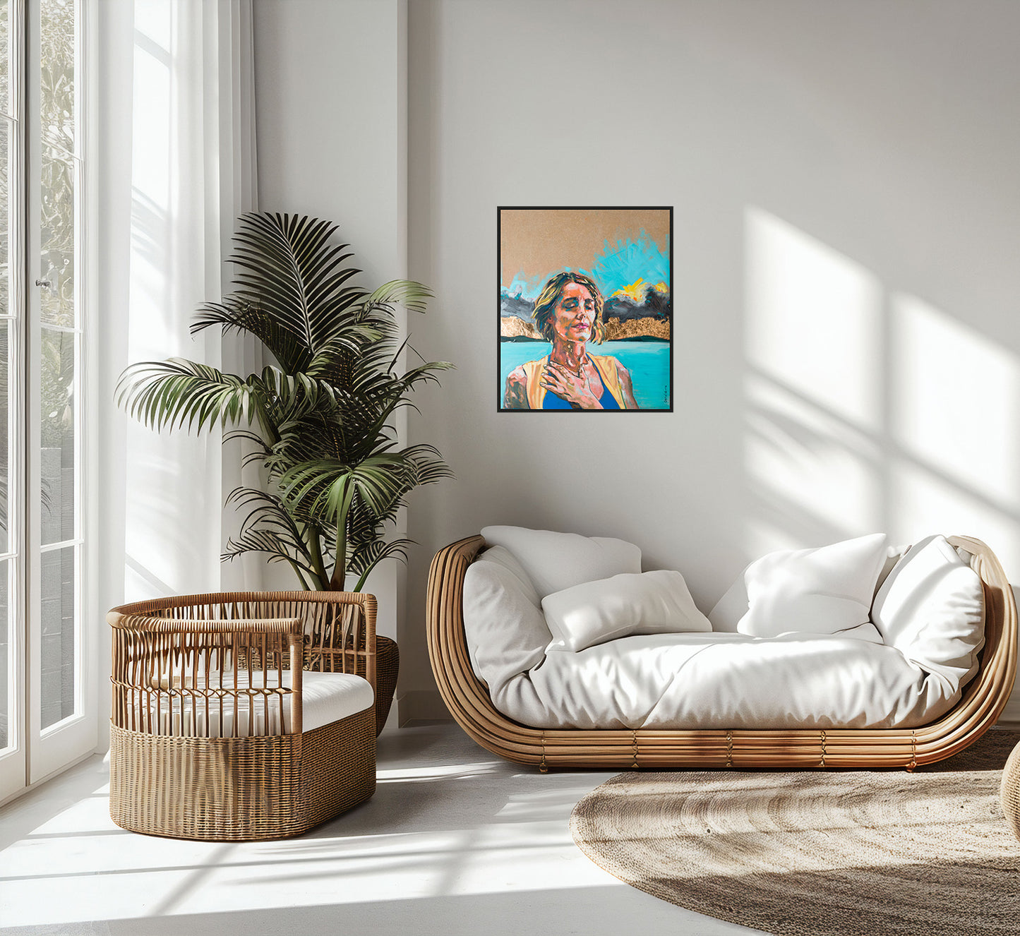 Oeuvre originale peinture a l'huile Compassion dans un salon blanc avec plantes