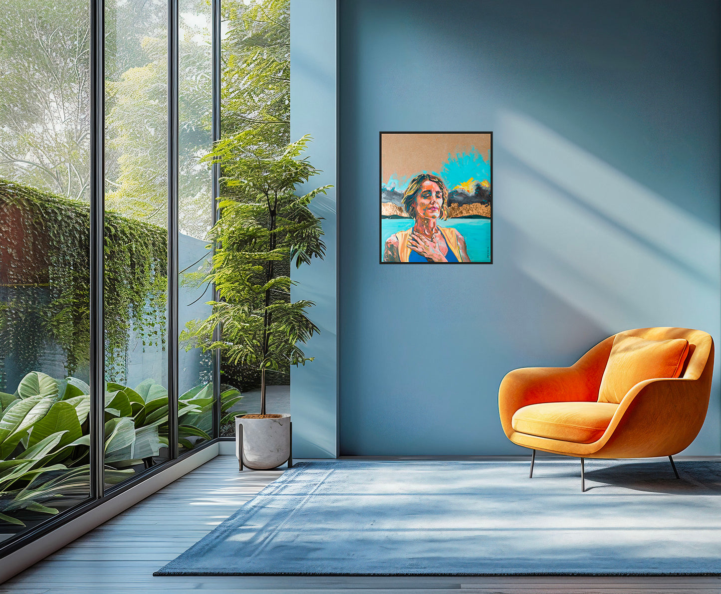 Oeuvre originale peinture a l'huile Compassion dans un salon bleu ave fenêtres