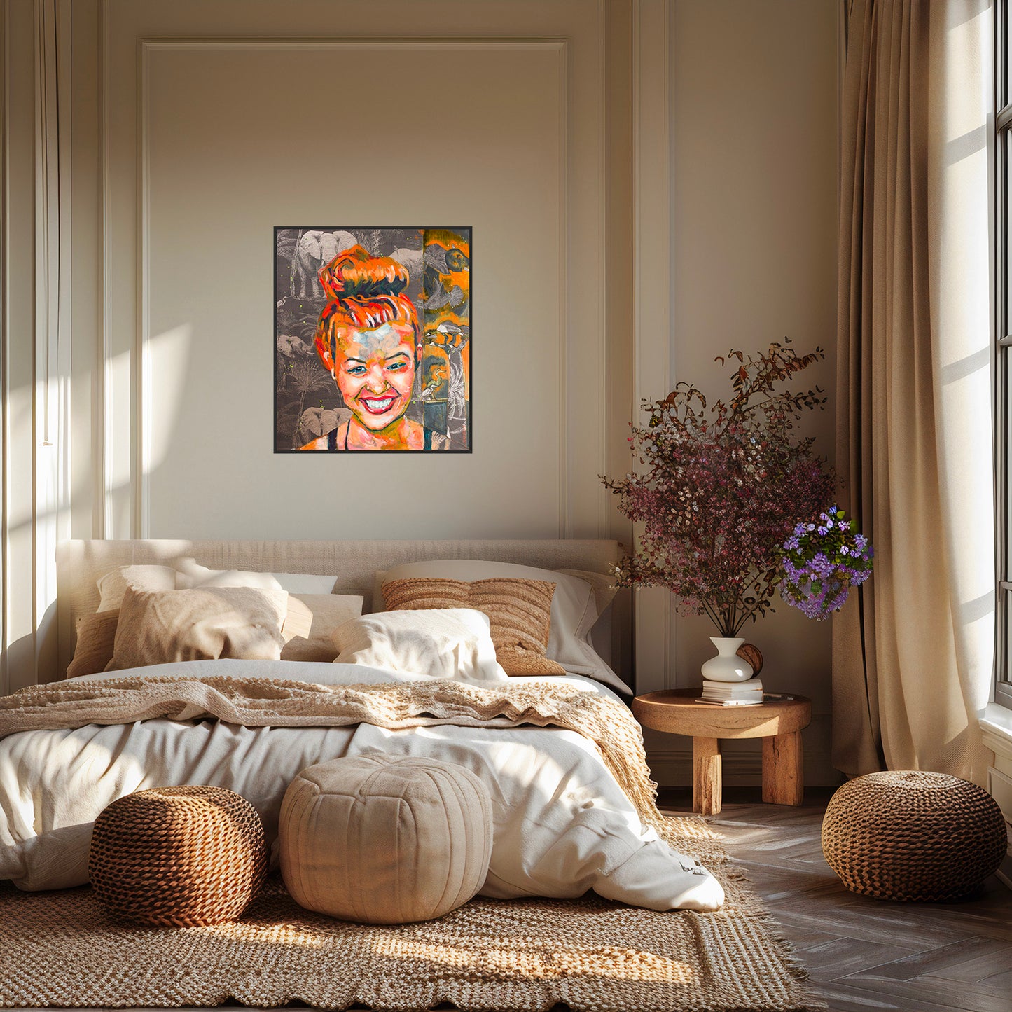 Oeuvre originale peinture a l'huile Joy dans une chambre avec fleurs