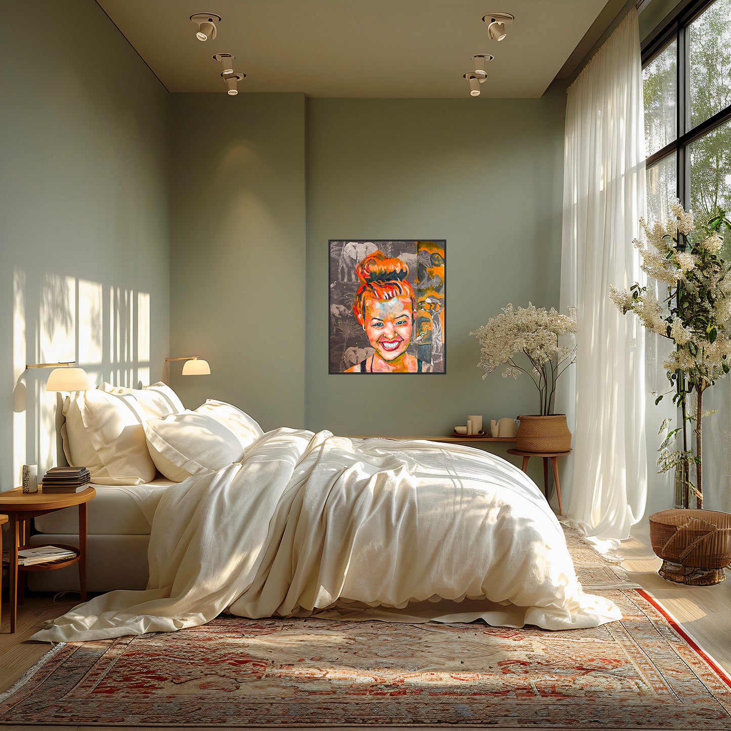 Oeuvre originale peinture a l'huile Joy dans une chambre avec fleurs et fenêtre