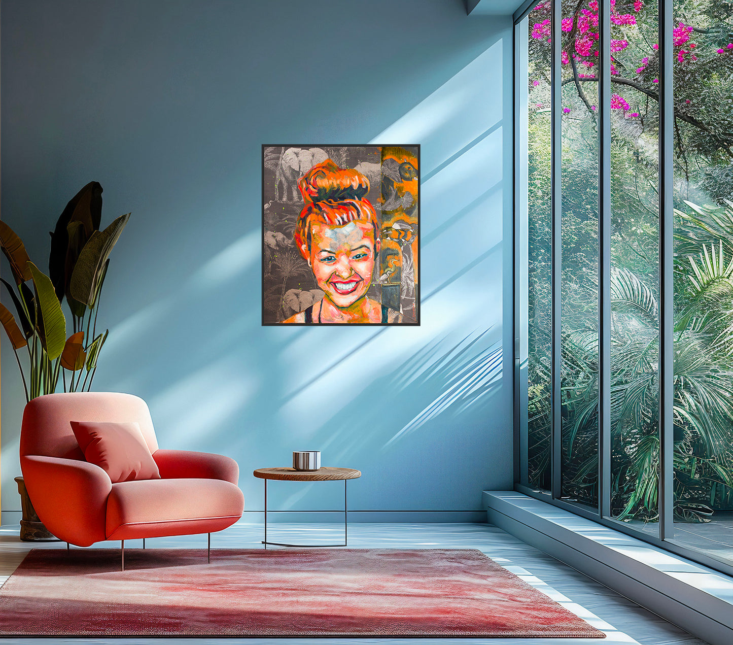 Oeuvre originale peinture a l'huile Joy dans un salon bleu