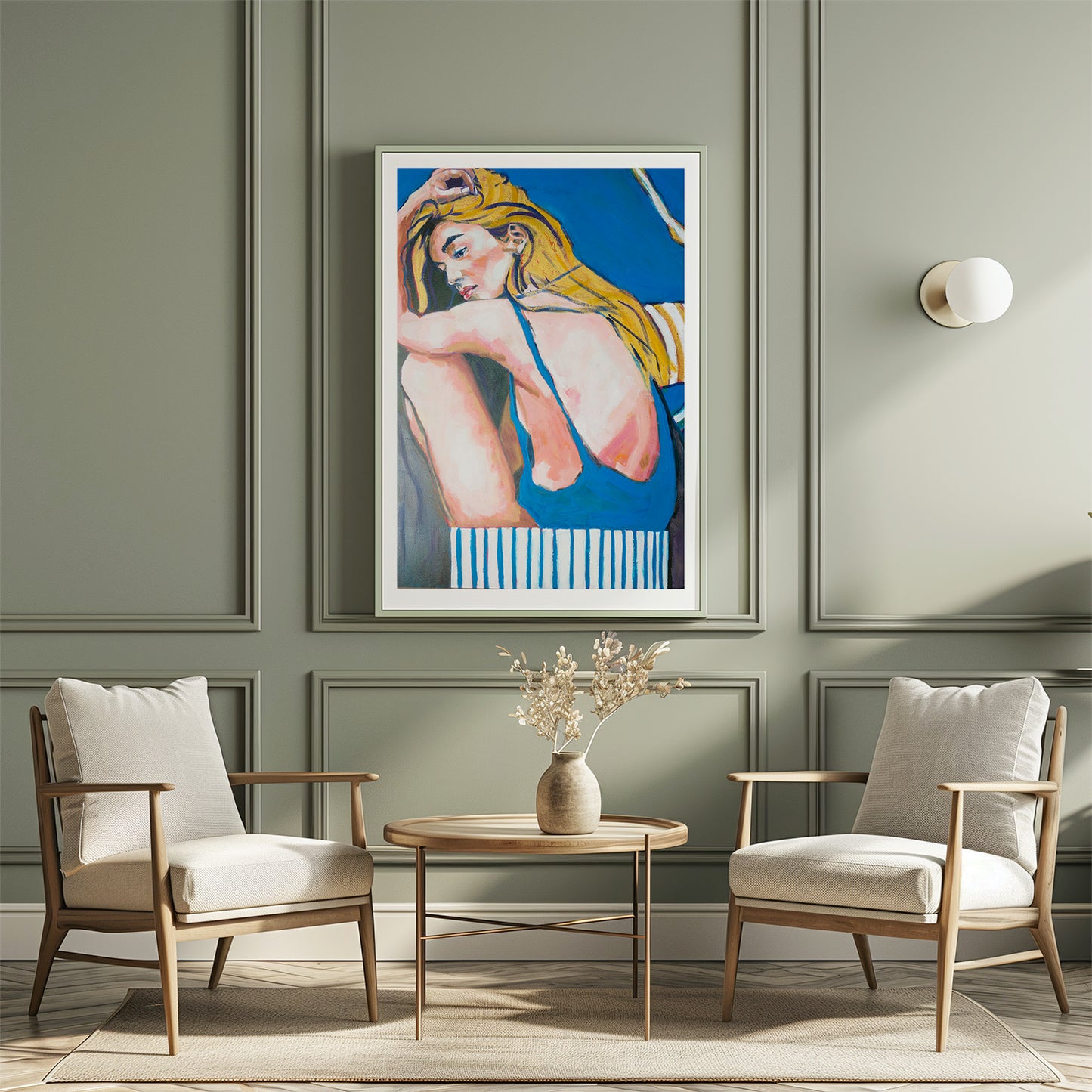 tirage d'art de Justine mur vert avec 2 chaises