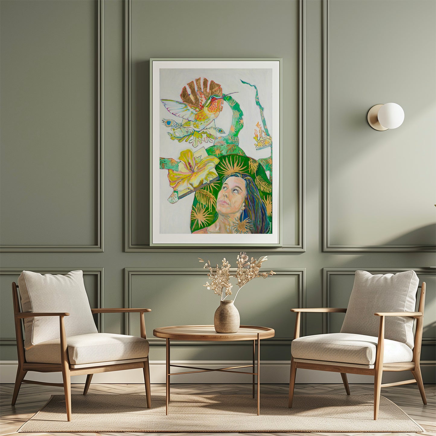 tirage d'art de Le colibri mur vert avec 2 chaises