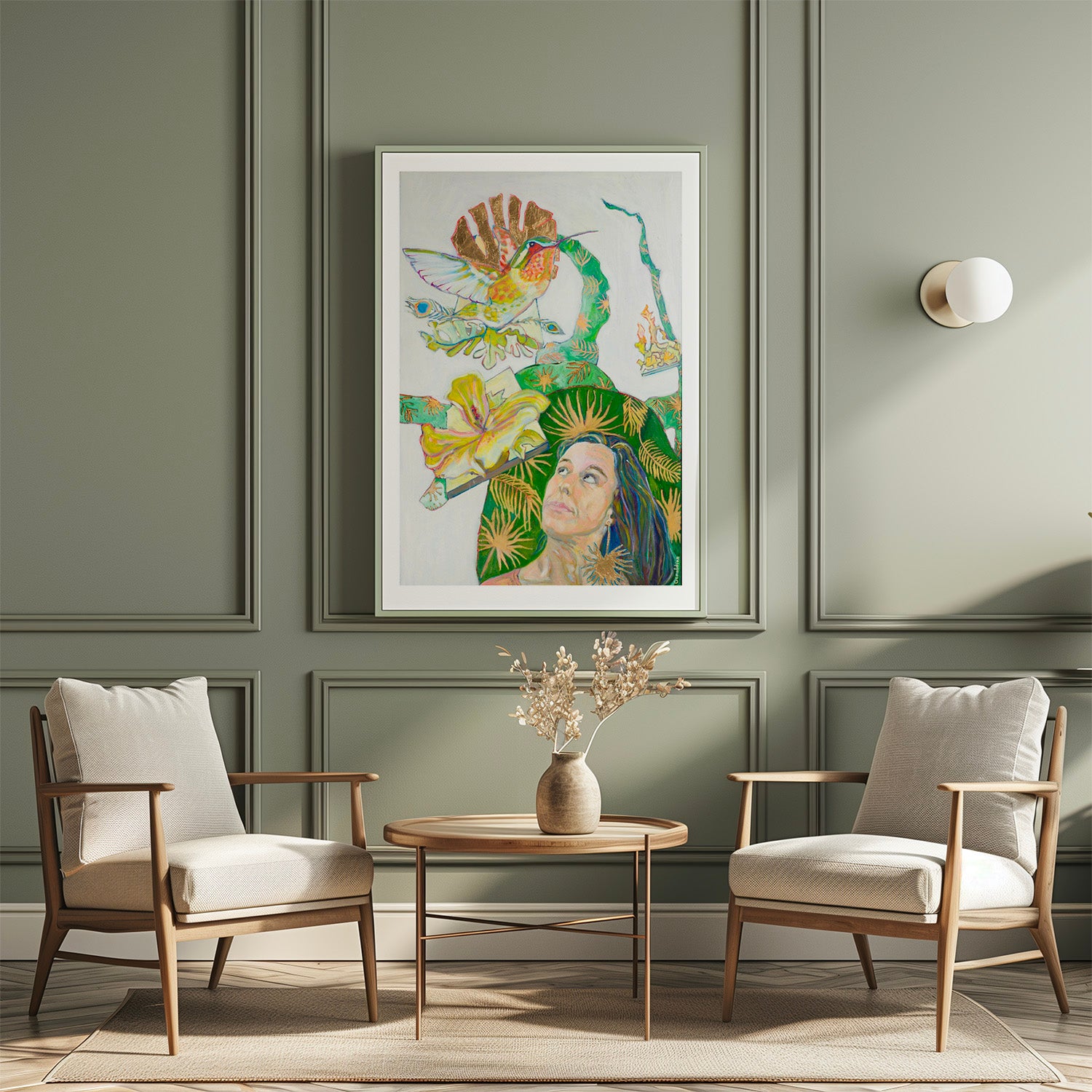 tirage d'art de  Le colibri mur vert avec 2 chaises