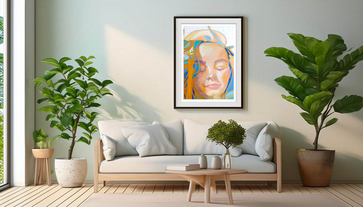 Oeuvre originale peinture a l'huile Lucy 0 Poster Mockup mise en scène