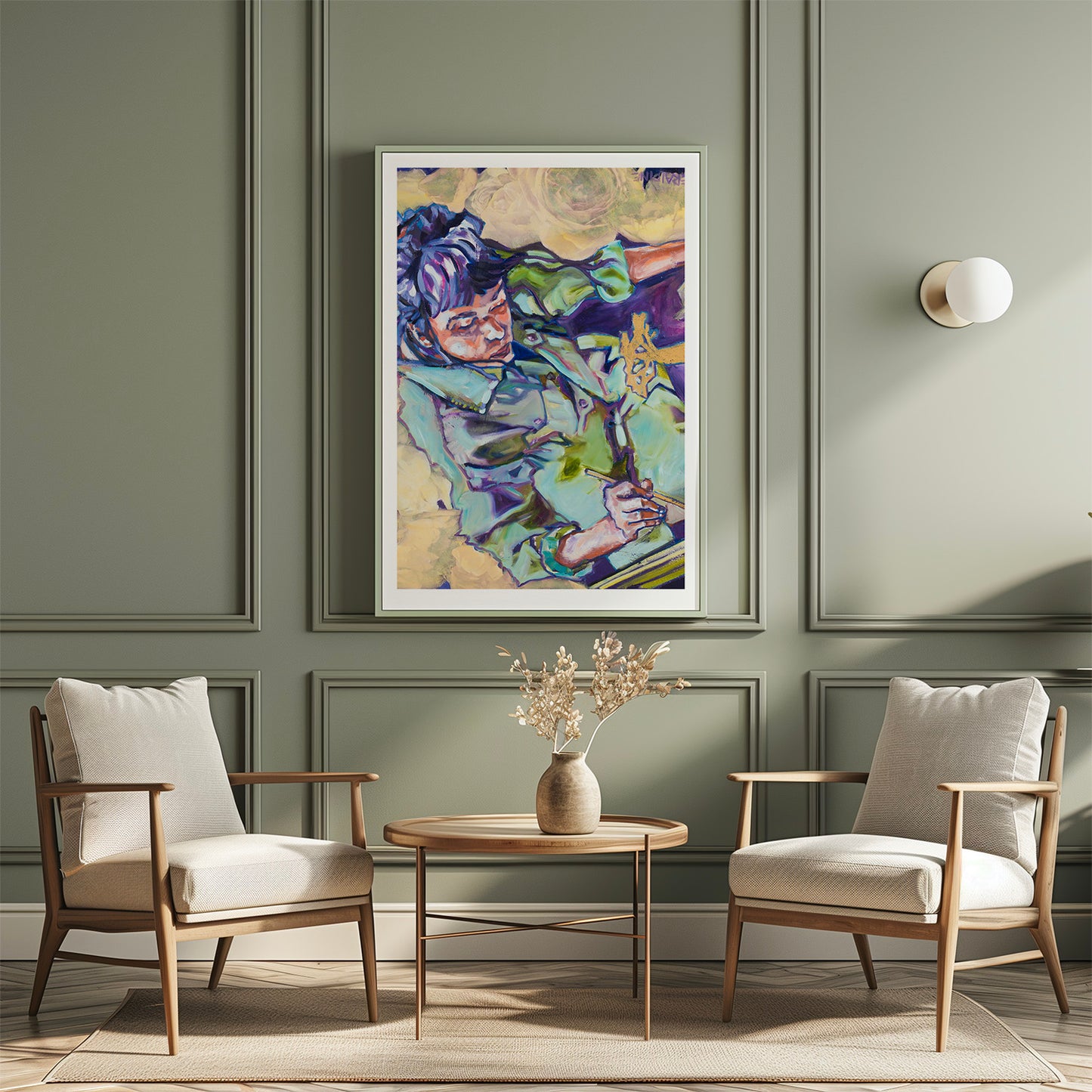 tirage d'art de Mon jardin mur vert avec 2 chaises