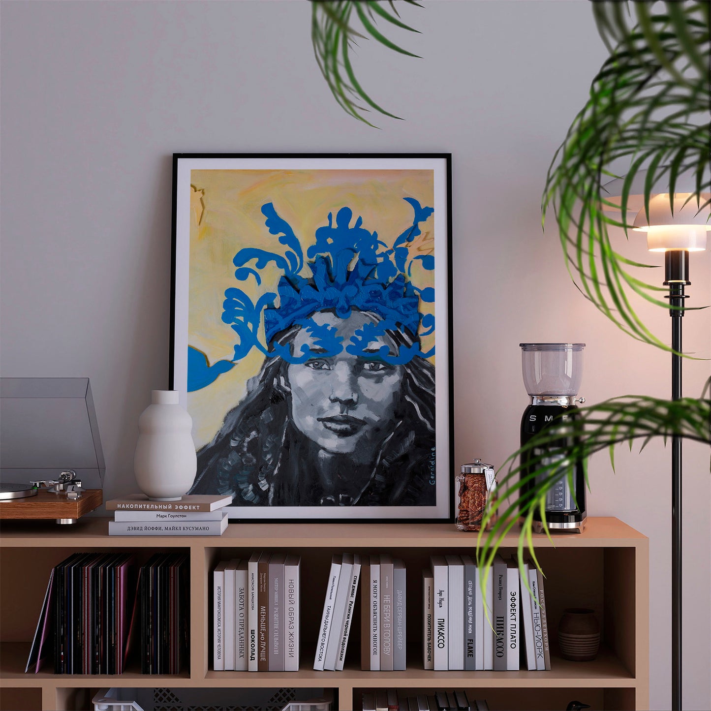 tirage d'art de Reine hirondelle sur commode avec lampe