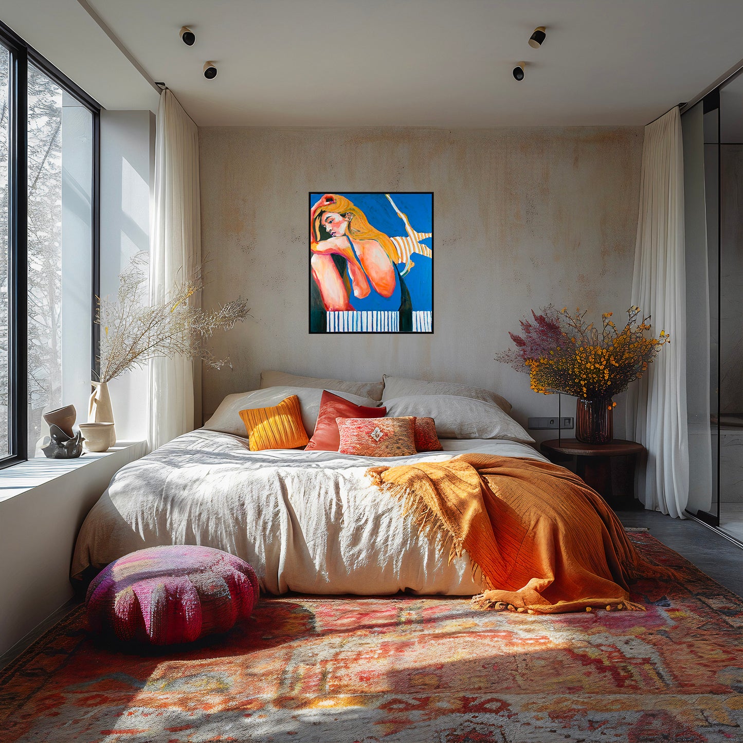 Oeuvre originale peinture a l'huile Justine dans une chambre avec fleurs