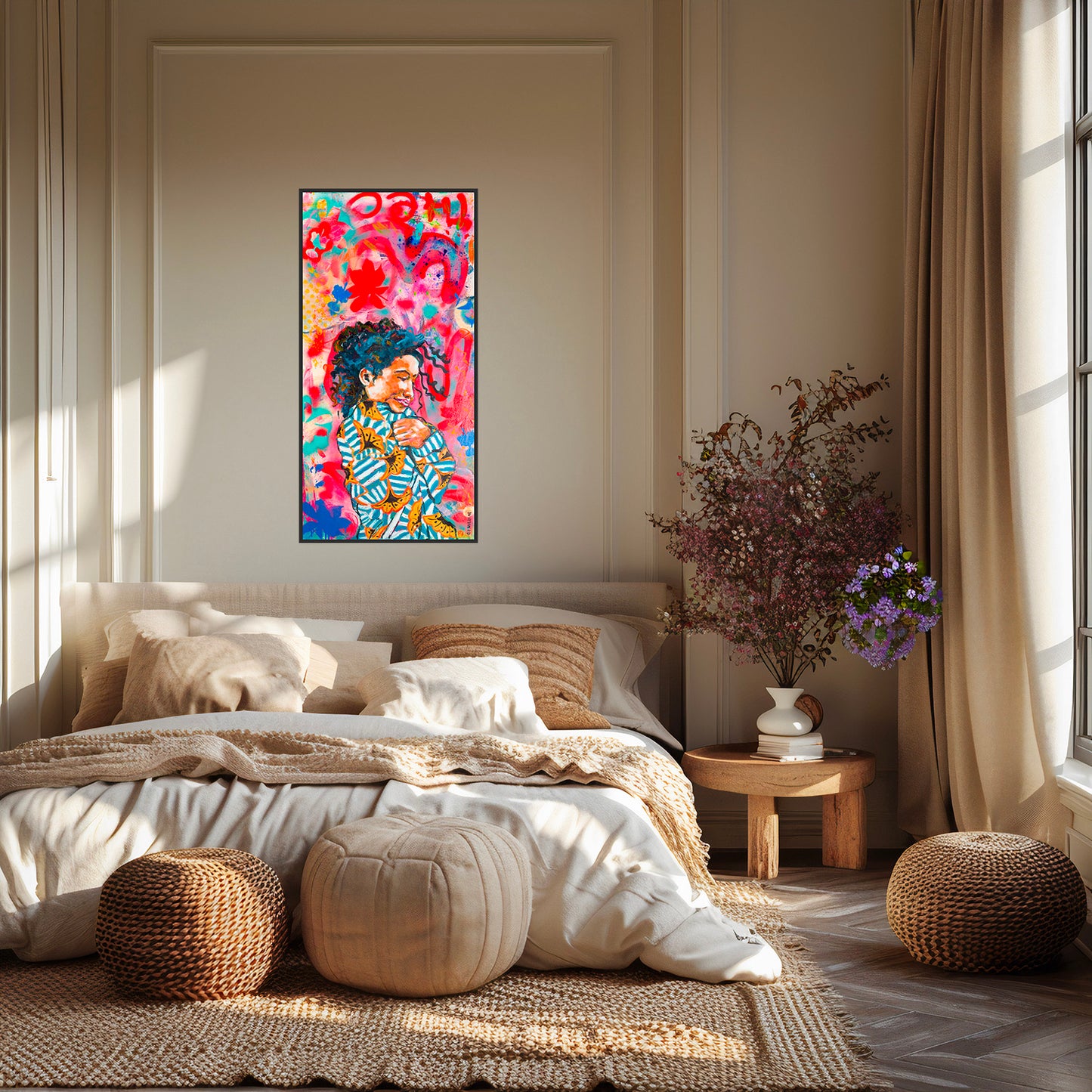 Oeuvre originale peinture a l'huile La floraison dans une chambre avec fleurs