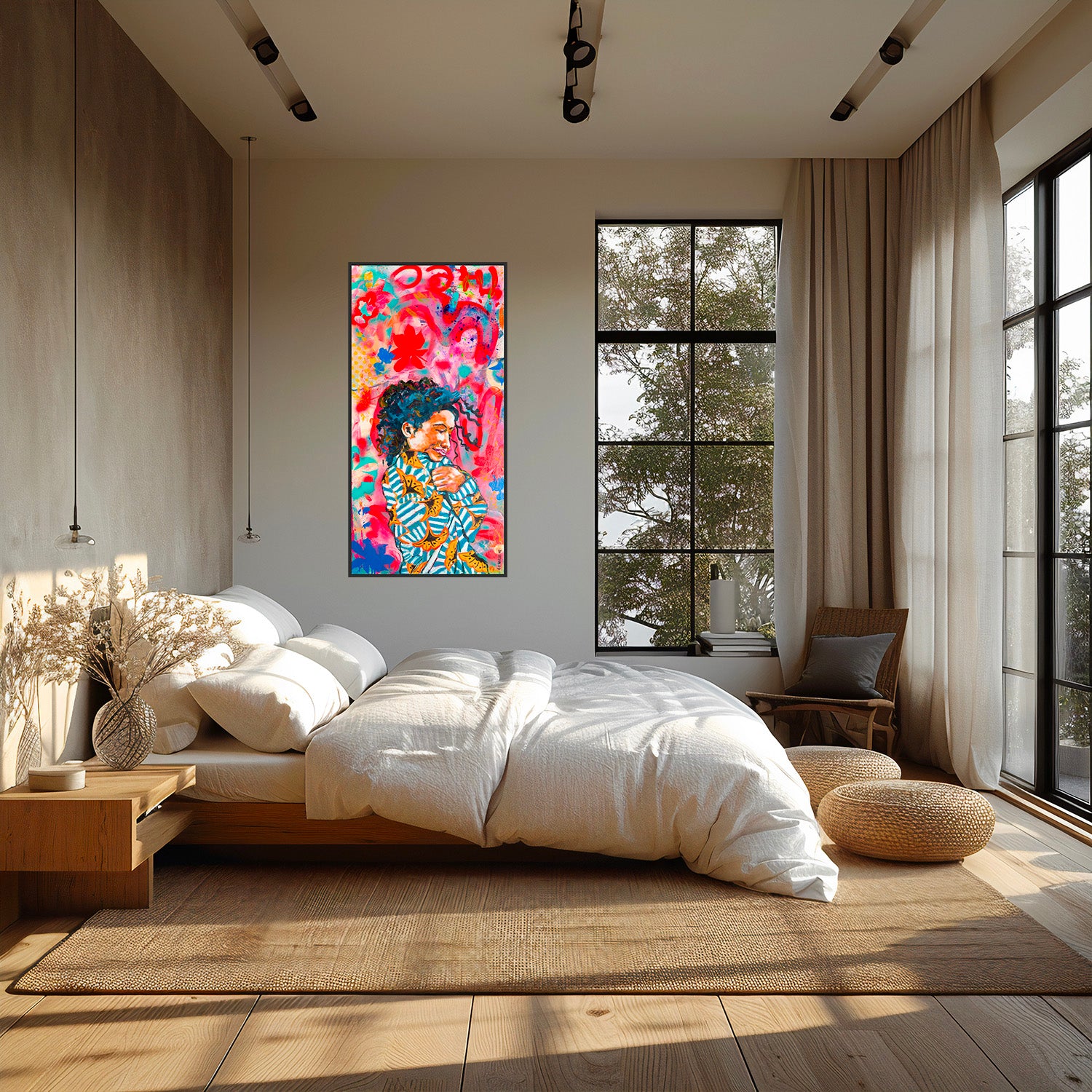 Oeuvre originale peinture a l'huile La floraison dans une chambre avec fenêtre