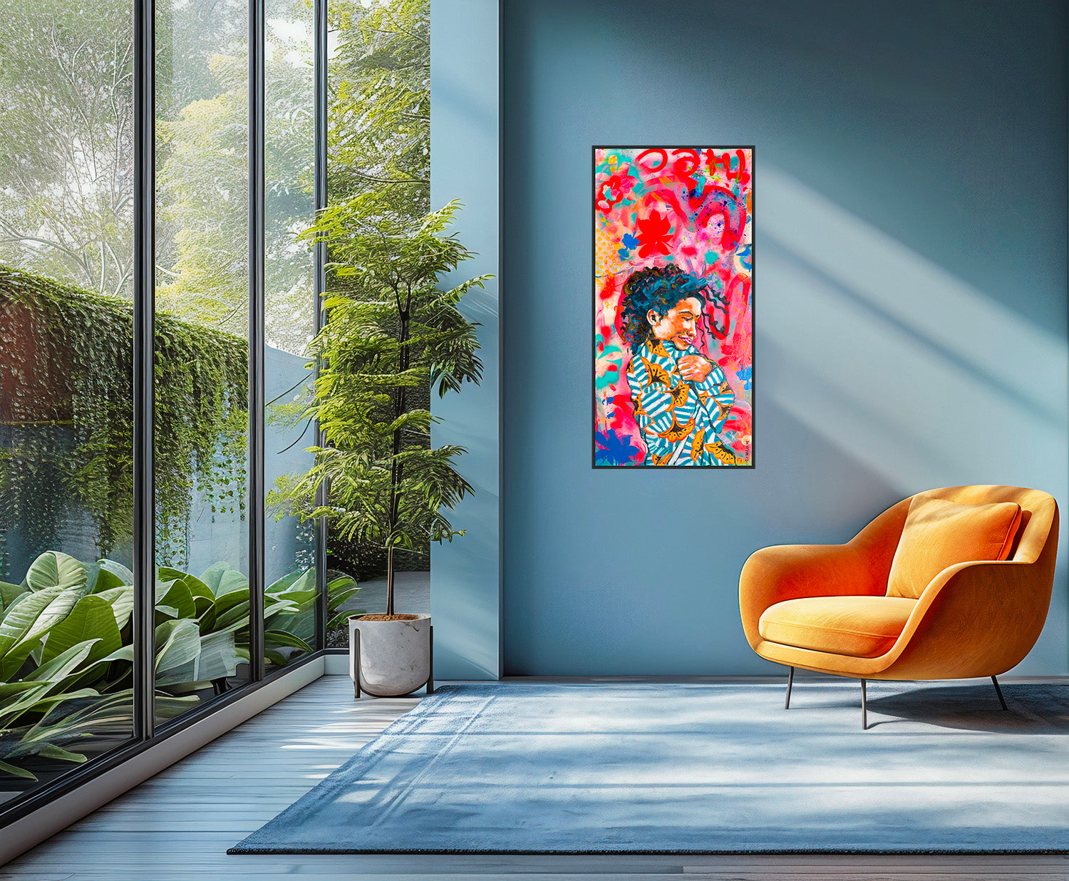 Oeuvre originale peinture a l'huile La floraison dans un salon bleu ave fenêtres