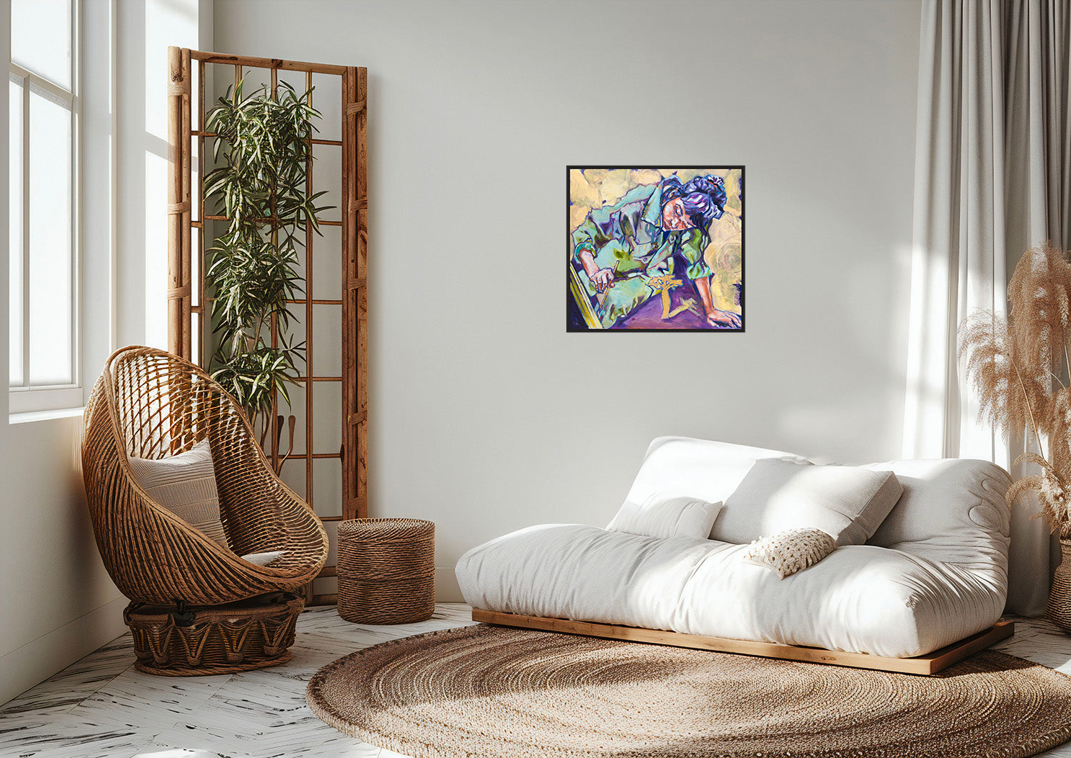 Oeuvre originale peinture a l'huile Mon jardin dans un salon blanc