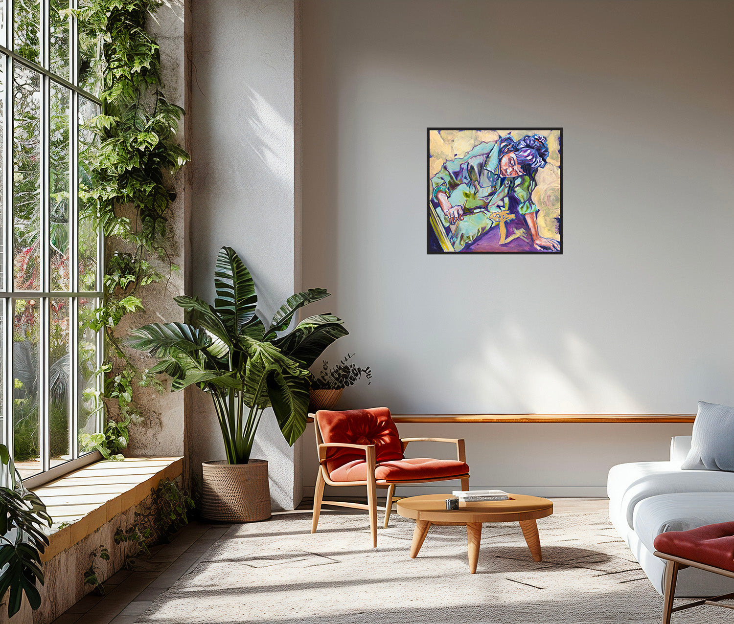 Oeuvre originale peinture a l'huile Mon jardin dans un salon blanc