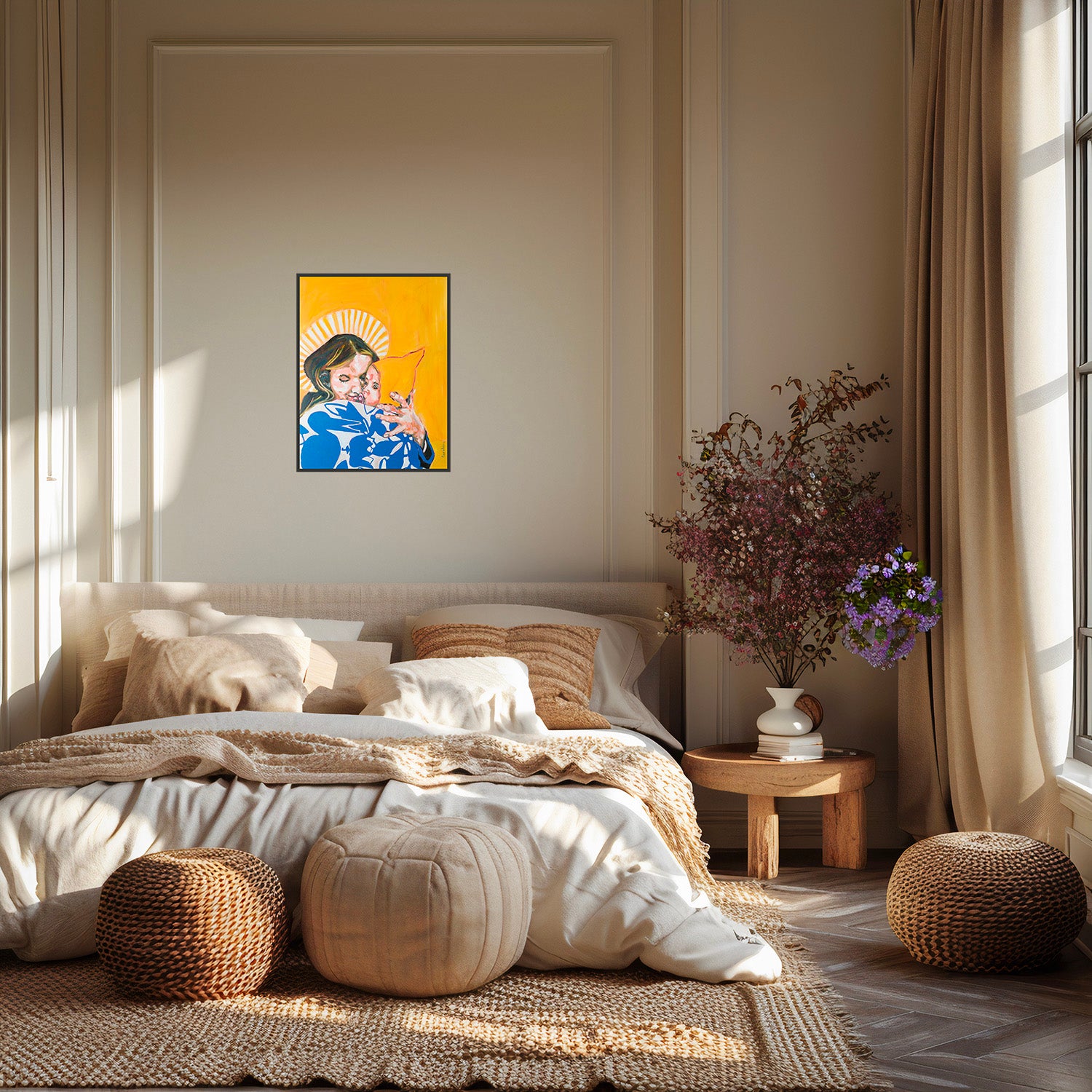 Oeuvre originale peinture a l'huile Un ange passe dans une chambre avec fleurs