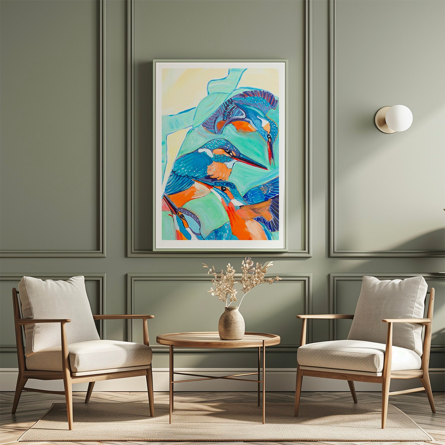 tirage d'art de  Vous entendez le bruit des ailes  mur vert avec 2 chaises