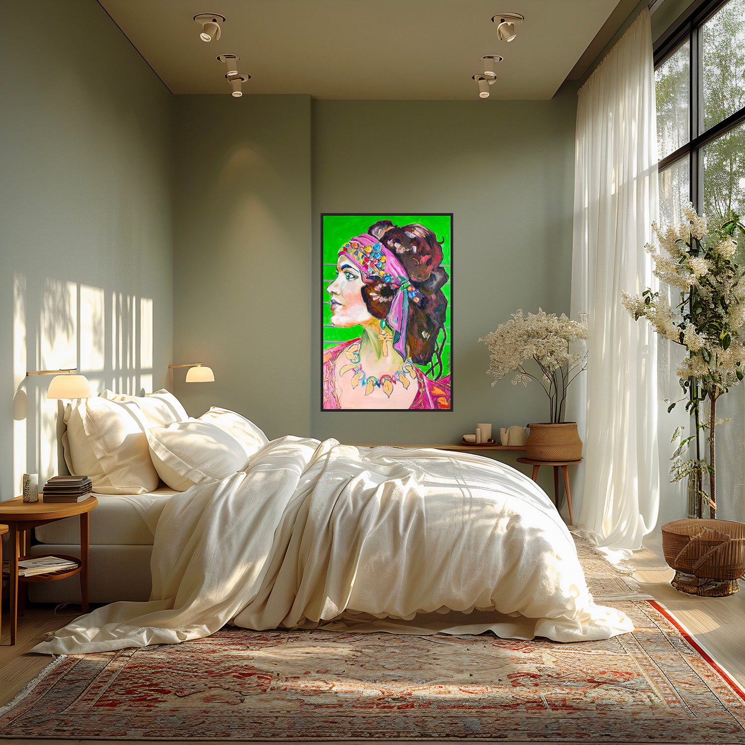 Oeuvre originale peinture a l'huile sarah dans une chambre avec fleurs et fenêtre